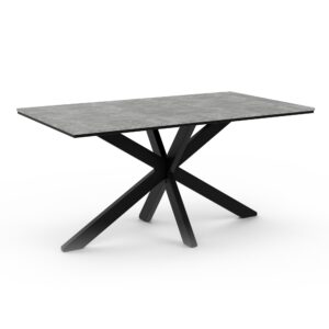 Nowoczesny prostokątny stół jadalniany o wymiarach 160x90 cm z ciemnym blatem przypominającym kamień i skrzyżowanymi czarnymi metalowymi nogami, pokazany na białym tle.