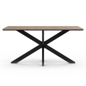 Minimalistyczny frontowy widok prostokątnego stołu jadalnianego 160x90 cm z blatem w dekorze drewna dębu wotan i czarnymi skrzyżowanymi nogami, na białym tle.