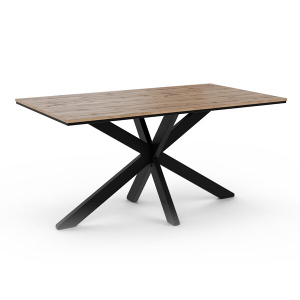 Nowoczesny prostokątny stół jadalniany 160x90 cm z blatem imitującym naturalne drewno dębu wotan i czarnymi, skrzyżowanymi metalowymi nogami, pokazany na białym tle.