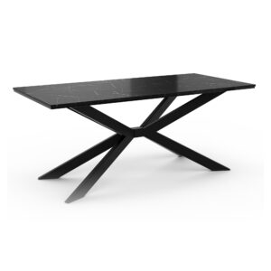 Elegancki prostokątny stół Flora 190x90 cm z blatem imitującym czarny marmur i czarnymi, skrzyżowanymi nogami z metalu, prezentowany na jasnym tle.